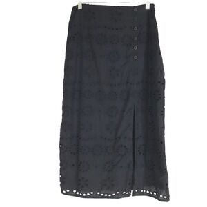 CHASER Midi Skirt Black Eyelet Button Front Slit Size Small